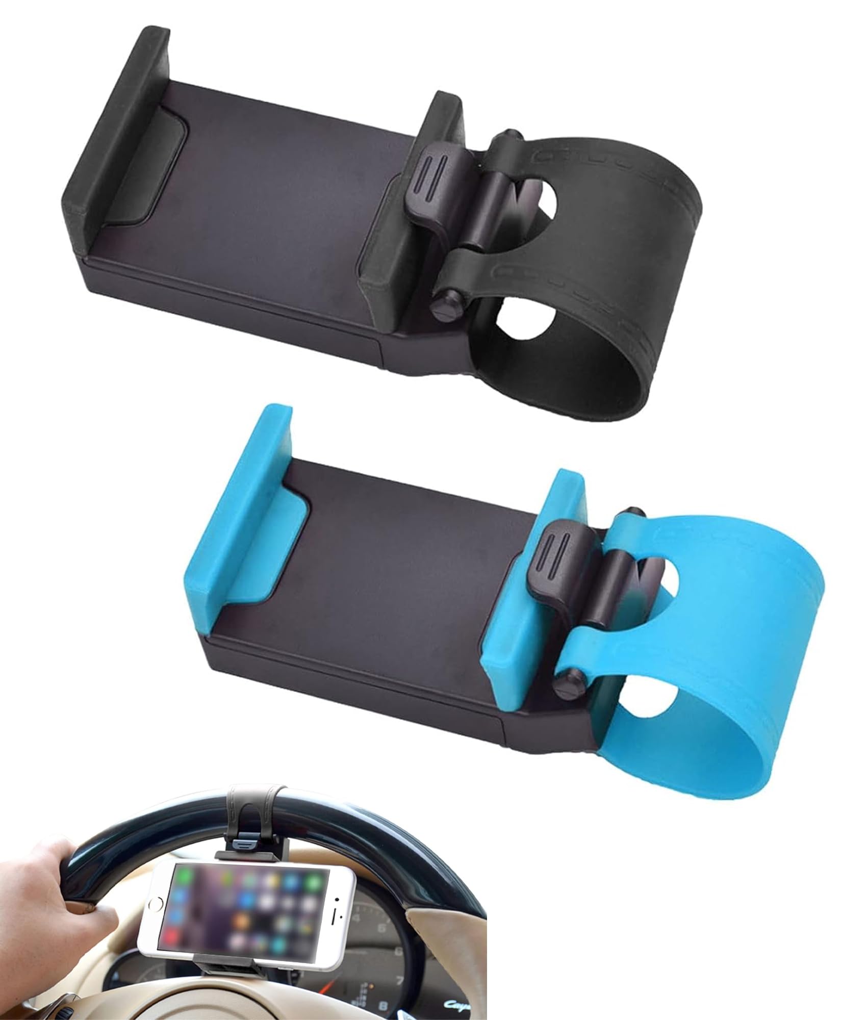 スマホホルダー カーステアリング 車のハンドルに固定 携帯ホルダー 伸縮可能 ハンズフリー スマホ ホルダー 車 ハンドル用 取り付け簡単 転落防止 視界を塞がない マップ確認 転落防止 安全運転補助 片手操作 電話対応 音楽再生 (ブルー)