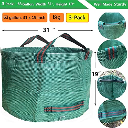 Professional 3-Pack 63 Gallons Lawn Garden Bags (D31, H19 Inches) Reusable Yard Waste Bag With Gardening Gloves - Patio Standable Bag,Leaf Bag,Trash Containers,Plant Clippings Bag With 4 Handles #TOP3