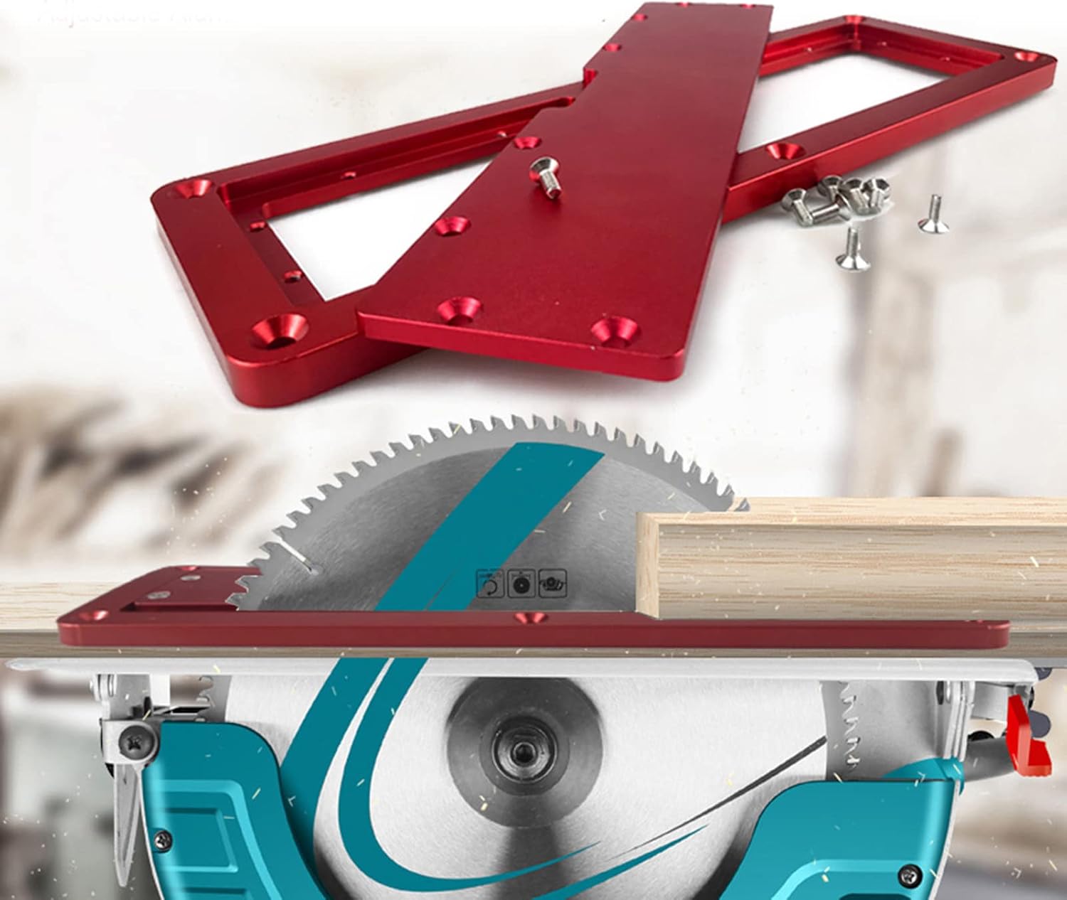 Circular saw with flip cover plate cutting wood