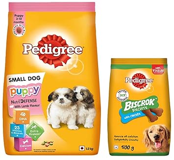 Pedigree Puppy Small Dog Dry Food, Lamb & Milk Flavour ? 1.2 Kg Pack & Pedigree Biscrok Biscuits Dog Treat (Above 4 Months) Chicken Flavour, 500g Pack