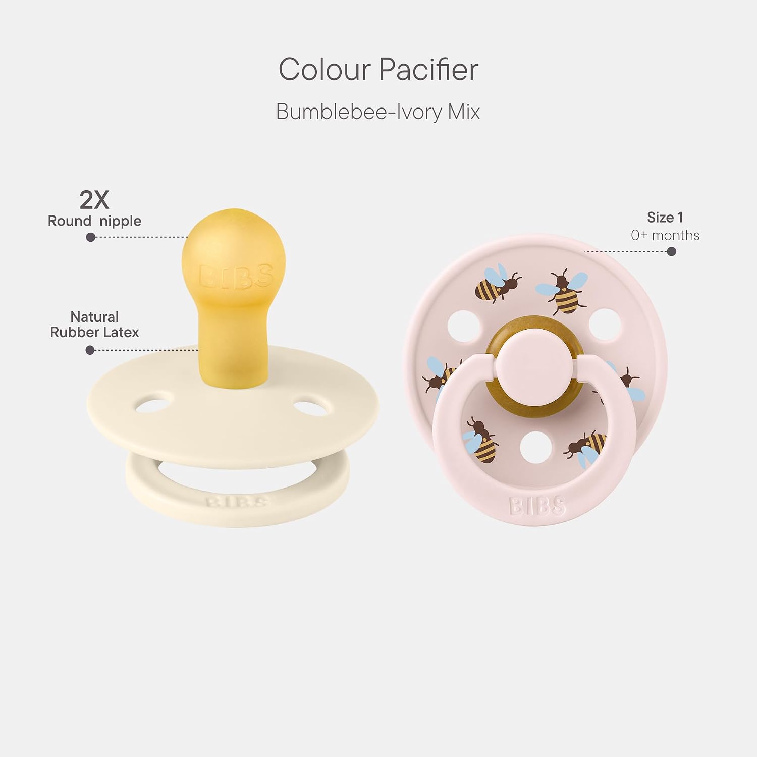 BIBS Colour Pacifier, 0-6 Months, 2-Pack, Round Nipple, Ivory/Petal image 2