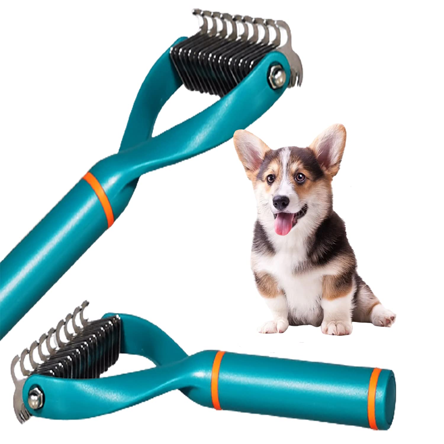 2 Sided Undercoat Rake for Cats & Dogs- Pet Grooming Tool - Premium Dog Rake-Deshedding and Dematting Comb Helps Prevent Tangles and Mats-Green