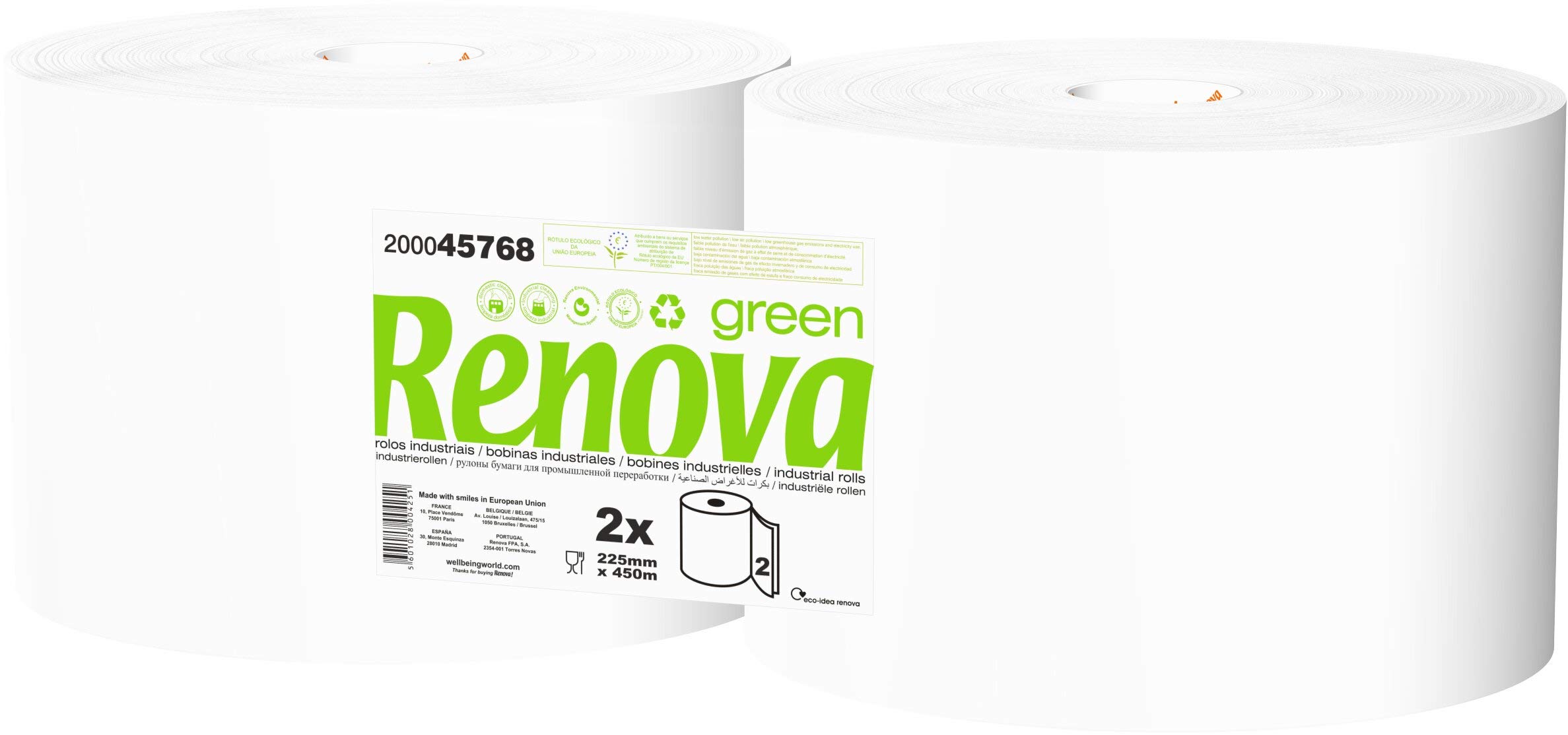 RENOVA Bobinas Multiusos Renovagreen, 2 Bobinas 450 metros, Reciclado | 2 bobinas de 2 capas, papel 100% reciclado, 450 metros, extracción central, gran absorción, 2 capas, blanco, FSC y Ecolabel