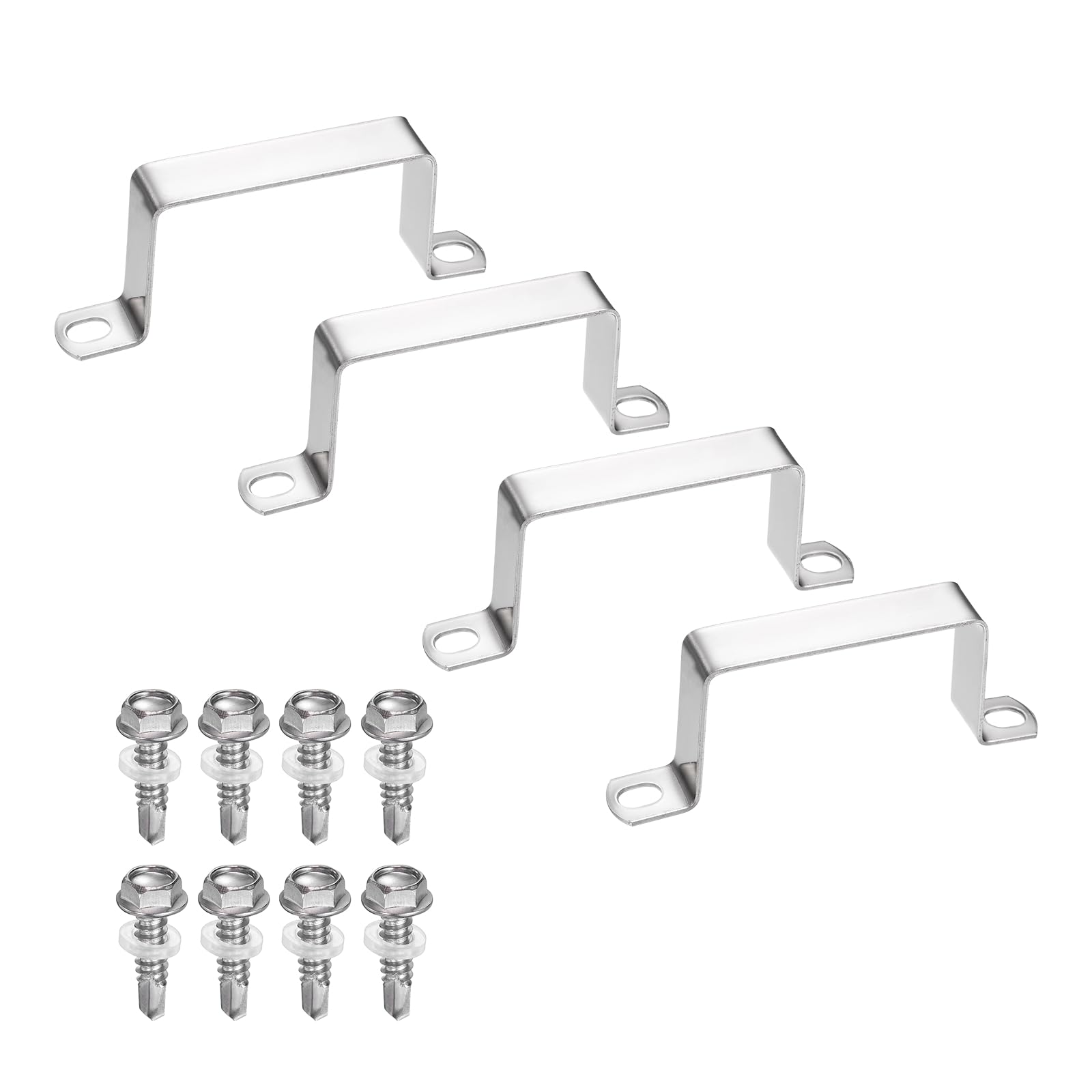 sourcing map 4set U Shaped Connector Bracket 75x45mm 304 Stainless Steel Square Pipe Clamp with Self Tapping Screw Square Tube Buckle for Pipe Hose Cable Automotive Parts, Silver