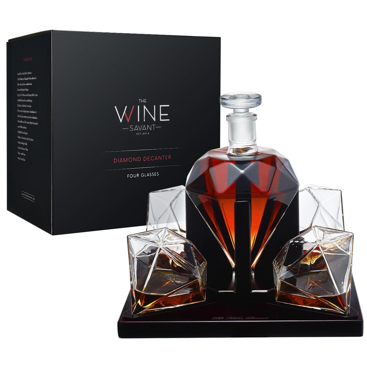 The Wine Savant Diamond Whiskey Decanter Set with 4 Glasses and Mahogany Base Borosilicate Glass Dispenser - 750ml Clear