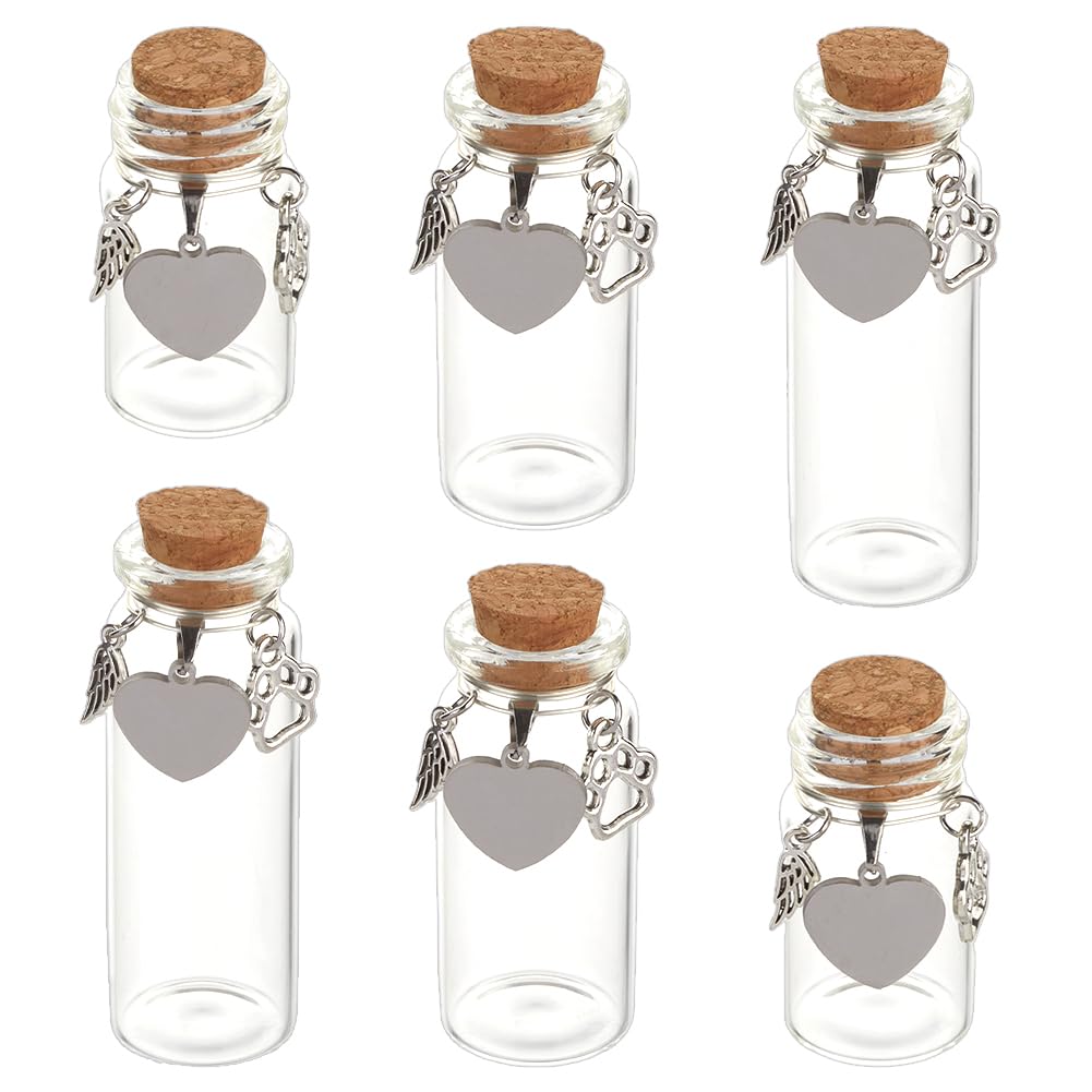 DELORIGIN 6pcs Pet Hair Glass Memorial Bottle Glass Tube Wishing Bottle with Heart Pendants and Cork Stopper Dog Cat Keepsake Memorial Urn Pet Remembrance Gift Sympathy Glass Vial for Pet Ashes Hair