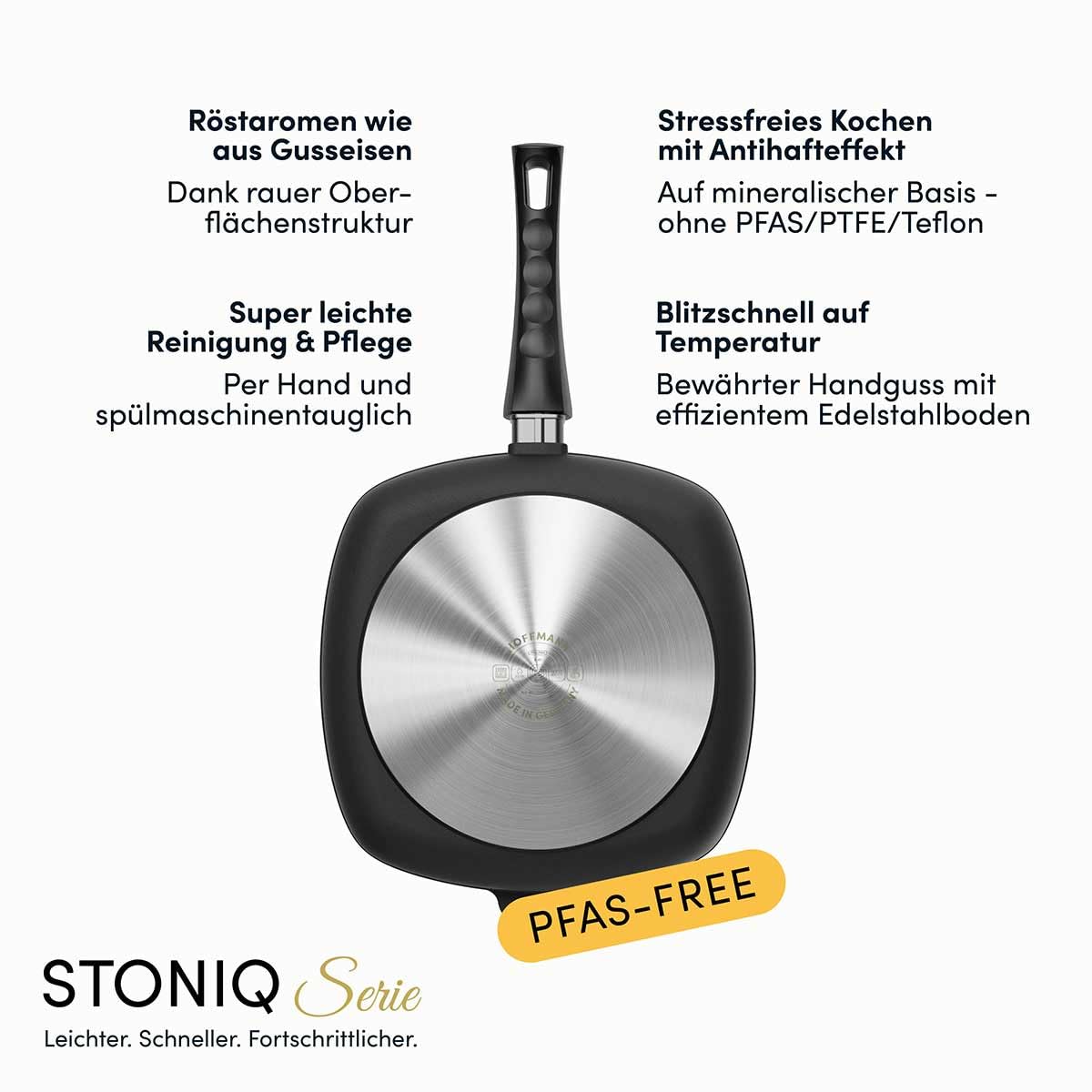 Hoffmann STONIQ Viereckpfanne 28 x 28 cm PFAS-frei | Induktionspfanne Aluminium Handguss Made in Germany | Antihaftbeschichtung mineralisch | abnehmbarer Stiel | backofengeeignet (Mit Glasdeckel)