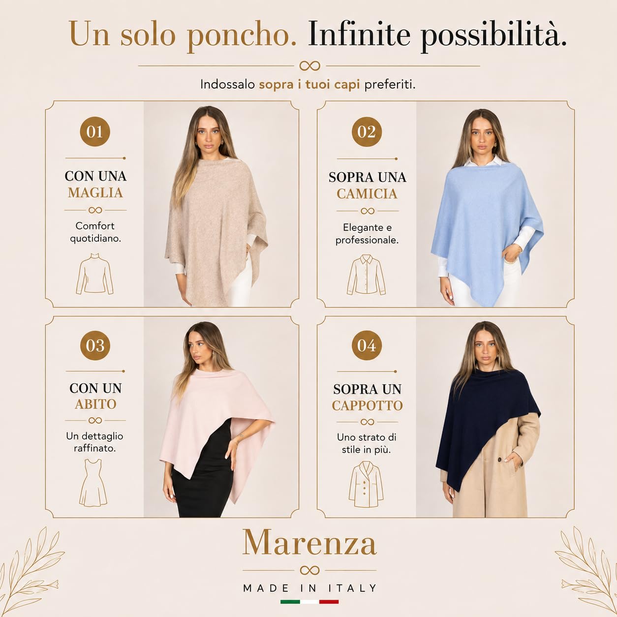 Poncho de mujer de mezcla de cachemira, fabricado en Italia, capa elegante con lana y seda, ligero, cálido y suave, para otoño e invierno