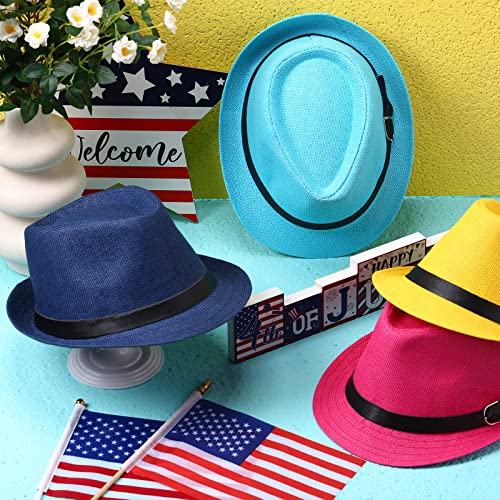Mepase 16 Pcs 1920s Straw Hats Bulk Men Women Short Brim Caps Dress Hats Panama Style Hat Trilby Hats Western Straw Hats Colorful Party Hats Sun Hat for Summer Camping Garden Beach Fishing - Thumbnail 3