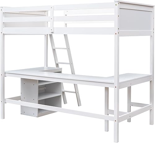 Miniatura 6 de ODC Cama tipo loft individual con escritorio cama tipo loft de madera con estantes de almacenamiento para niños adolescentes y adultos