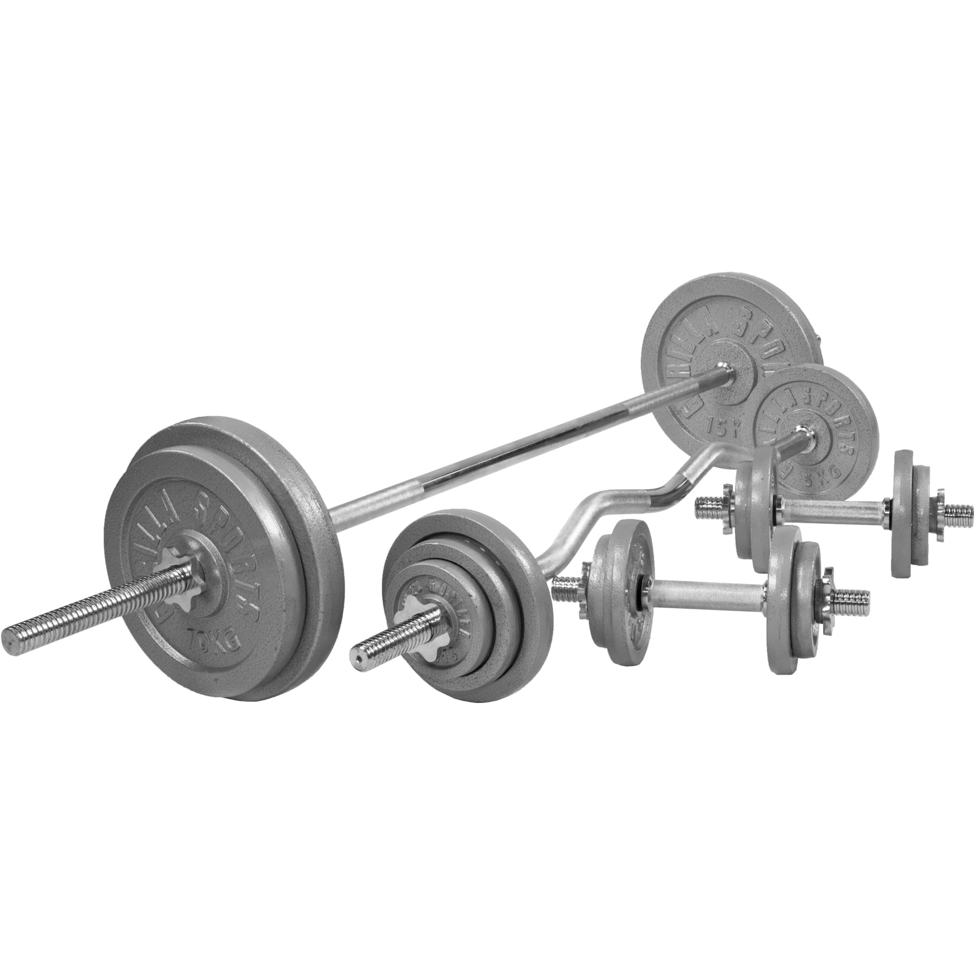GORILLA SPORTS® Hantelset 108 kg mit Langhantel, SZ-Stange und Kurzhanteln | 18 Gusseisen-Hantelscheiben, 30-mm-Aufnahme, Langhantel 170 cm, SZ-Stange 120 cm und 8 Feder- oder Sternverschlüsse