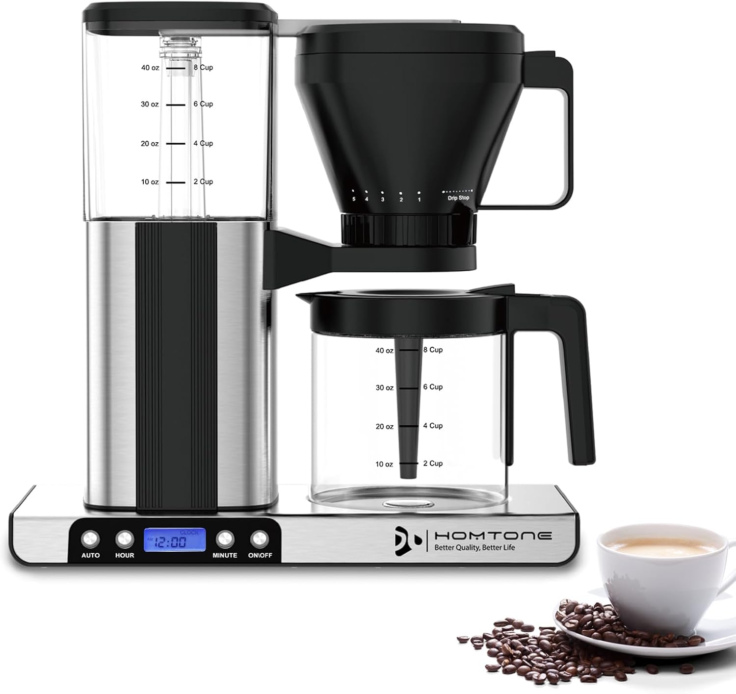 Homtone 8 Cup Coffee Maker-Programmable Brewer Meet SCA Standards:4-6 Mins Adjustable Brew Time, Steady Optimal Brewing Temperature (200°F), 9-Hole Showerhead Even Extraction, 2-Hour Keep Warm Plate