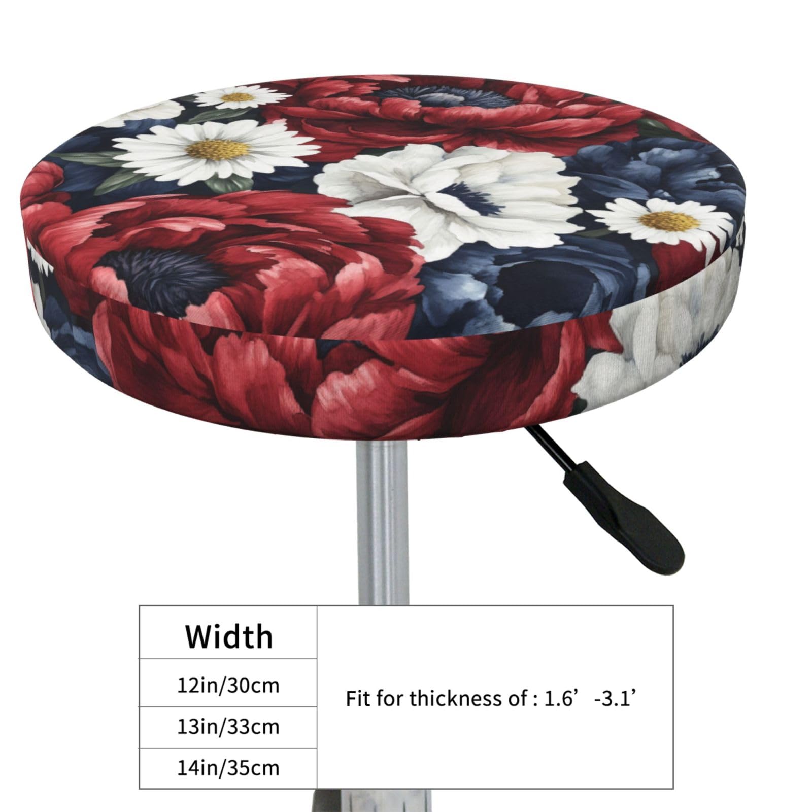 Watercolor Peonies Deep Red Blue White Round Bar Stool Cover Waterproof Stool Slipcover Anti-Slip Seat Cover Cushion 13 Inch