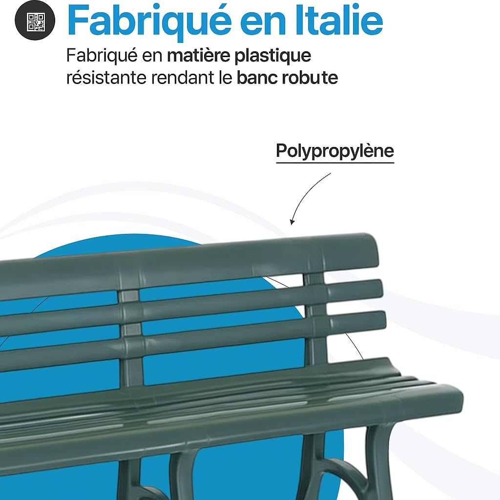 Tomaino - Banc de jardin en plastique - Banc de jardin 3 ou 4 places - Banc d'extérieur pour balcon, terrasse, véranda - Banc en plastique blanc