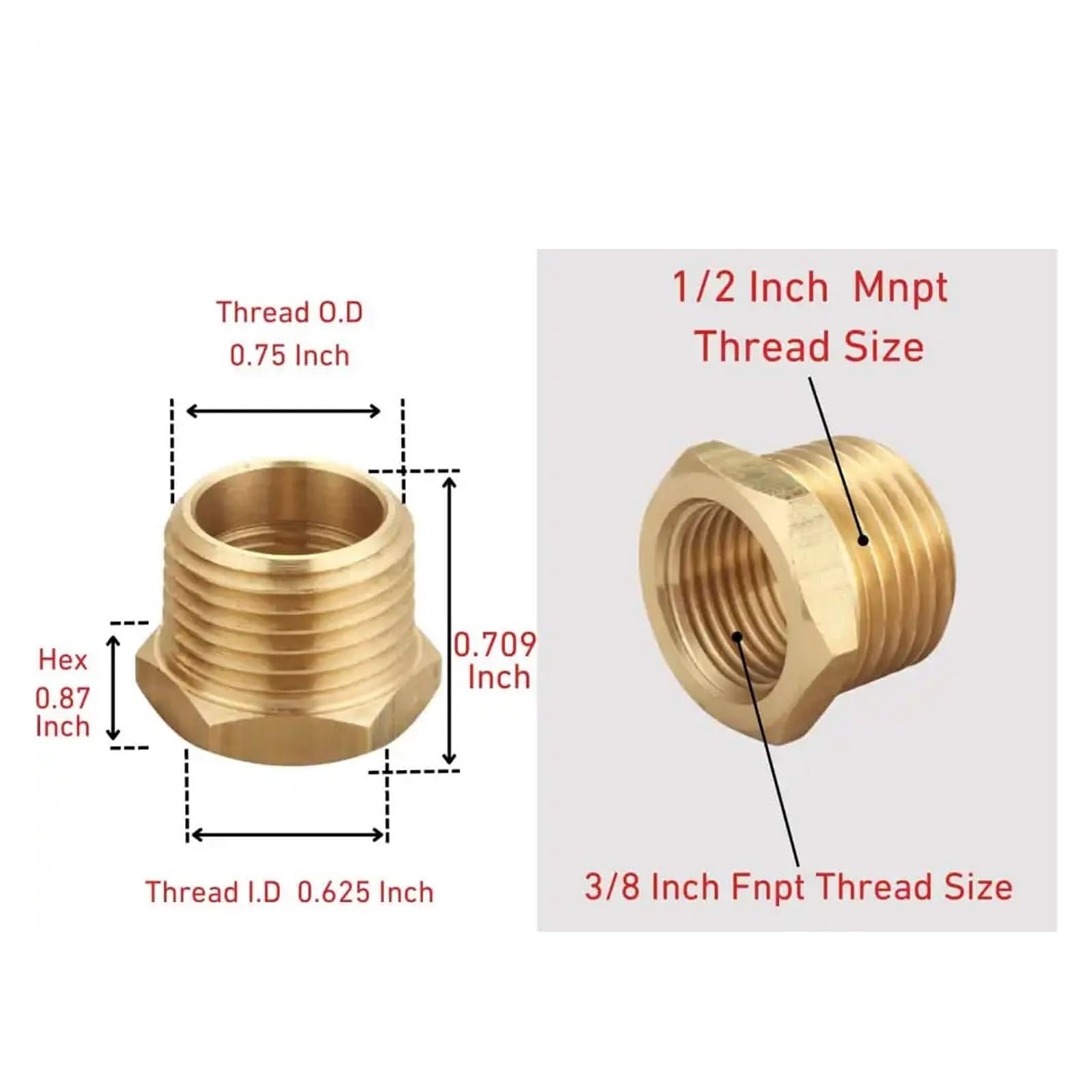 Accesorios reductores de buje Hexagonal for tubería de latón, Macho de 1/2" x Hembra de 3/8" NPT(Pack of 25)