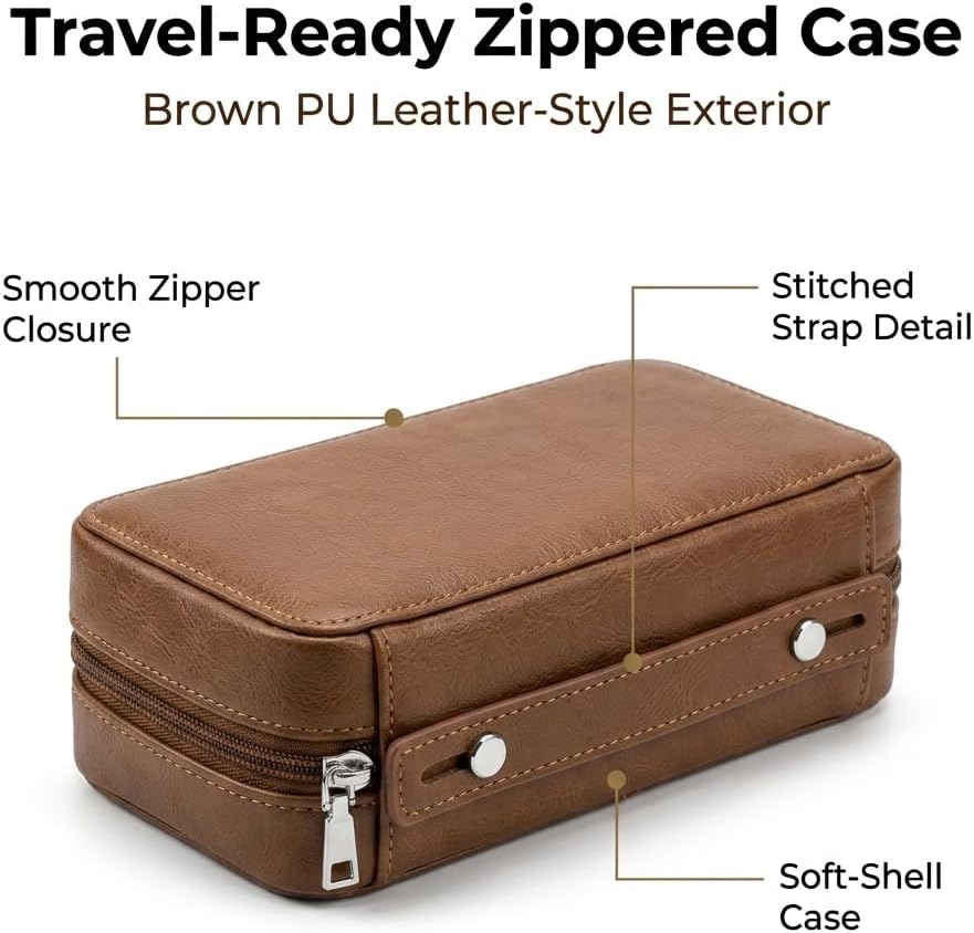 Portable Cigar Humidor Case, 7-Cigar Travel Humidor with Cedar Wood Interior, Brown PU Leather Cigar Case with Humidifier, Zippered Cigar Holder Organizer for Travel, Office, Gifts