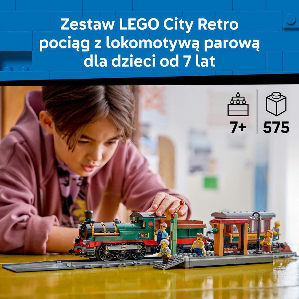 LEGO City Retro pociąg z lokomotywą parową, zabawka konstrukcyjna dla dziecka, zestaw z lokomotywą, węglarką, wagonem pasażerskim i peronem, prezent dla chłopca lub dziewczynki od 7 lat 60511