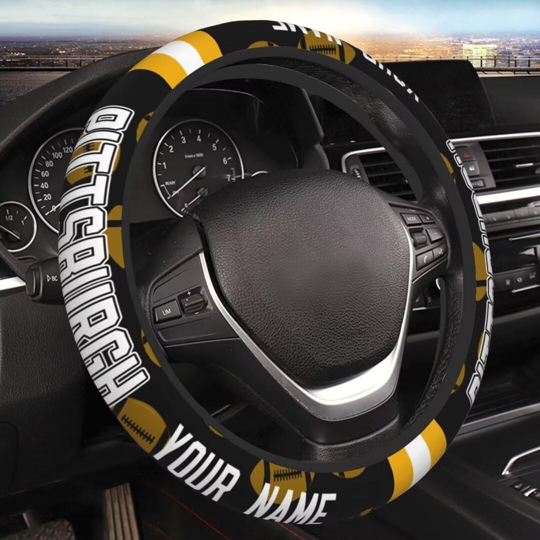 Custom Pittsburgh Car Steering Wheel Cover Personalized Exclusive Name 15 Inch Non-Slip Elastic Car Interior Accessories Fits Most Cars