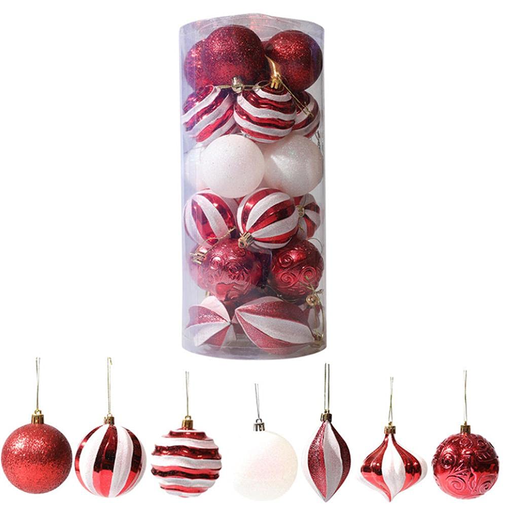 Lot de 25 boules de Noël rouges et blanches avec boucle de suspension pour Noël, festival, fête de mariage (8 cm)