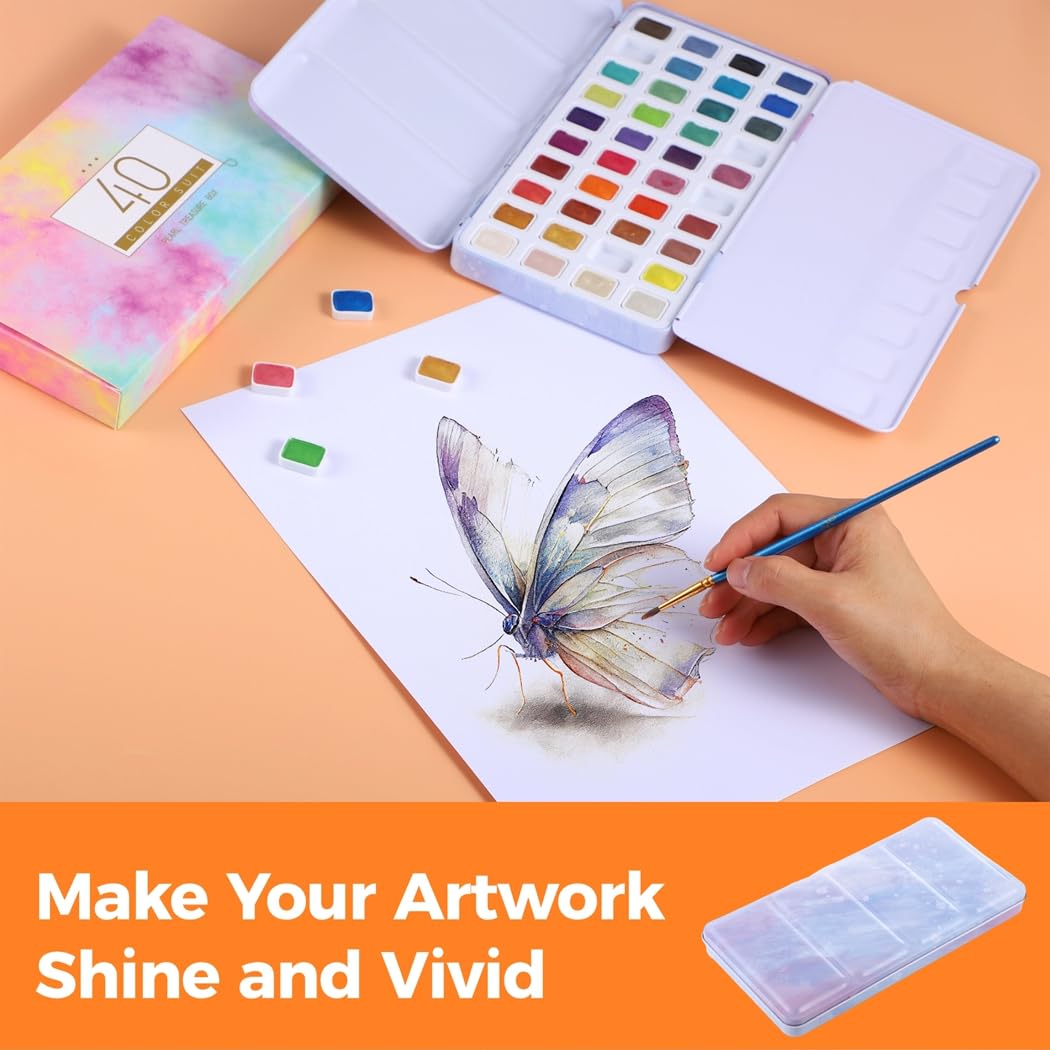 Fournitures artistiques pour artistes, débutants, amateurs, étudiants, kit de peinture aquarelle nacrée, 40 couleurs pailletées dans une boîte en étain, ensemble de peinture aquarelle