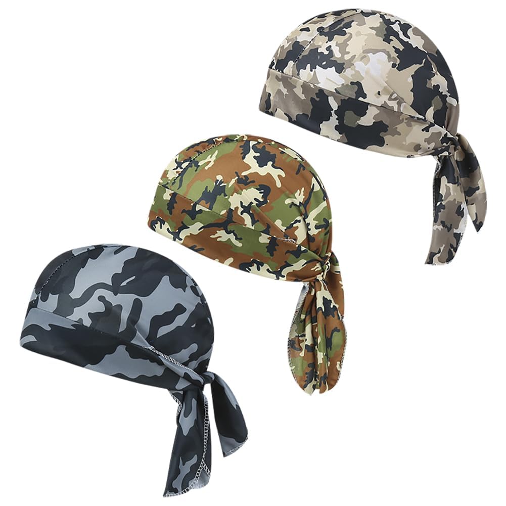 3PCS Camouflage Dew Rags Doo Rags Skull Caps Pirate Bandana Hat Dew Rag Cotton Headwraps Hip-Hop Hat Beanie