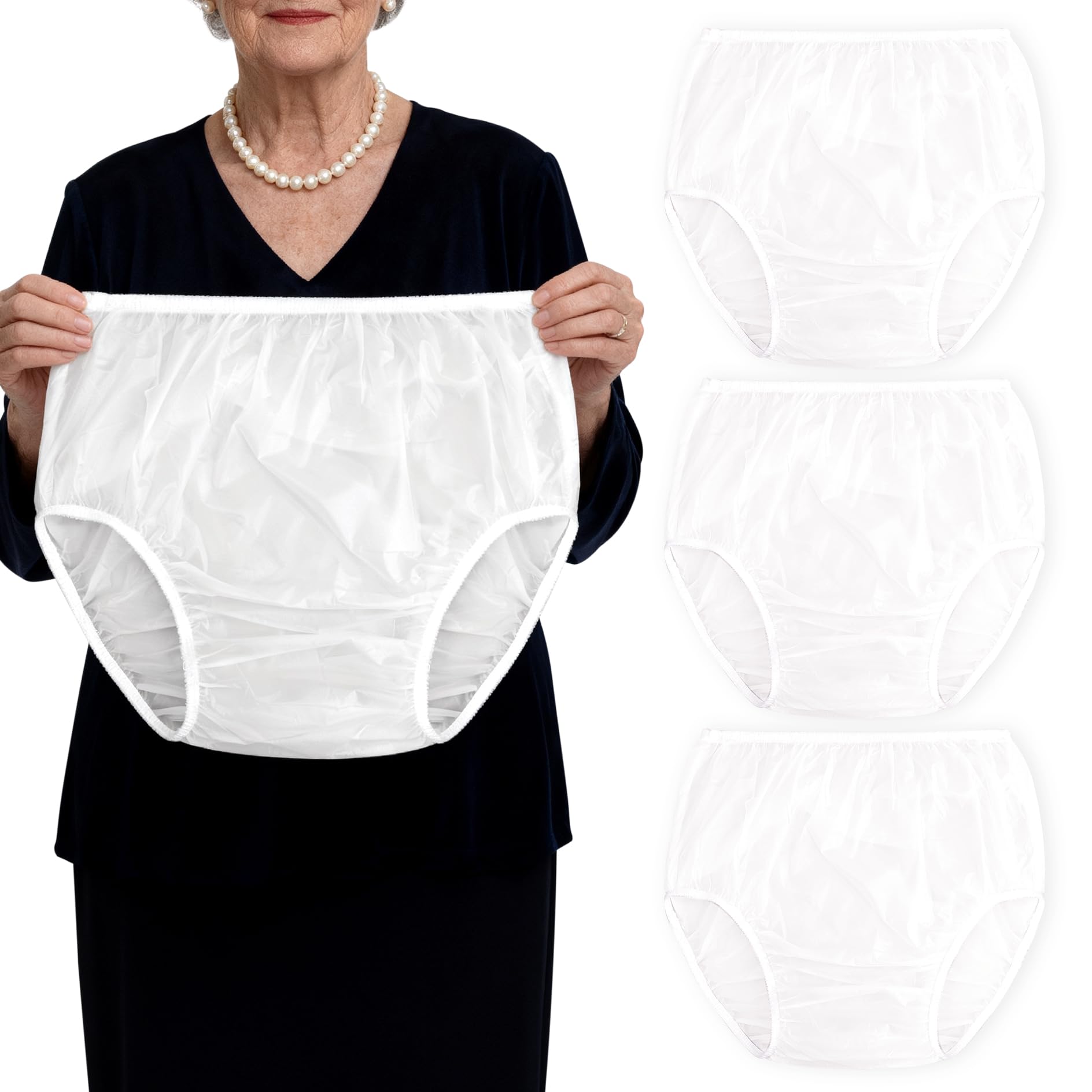 3 Pack Adult Diaper Cover Plastic Pants, (White, Medium)