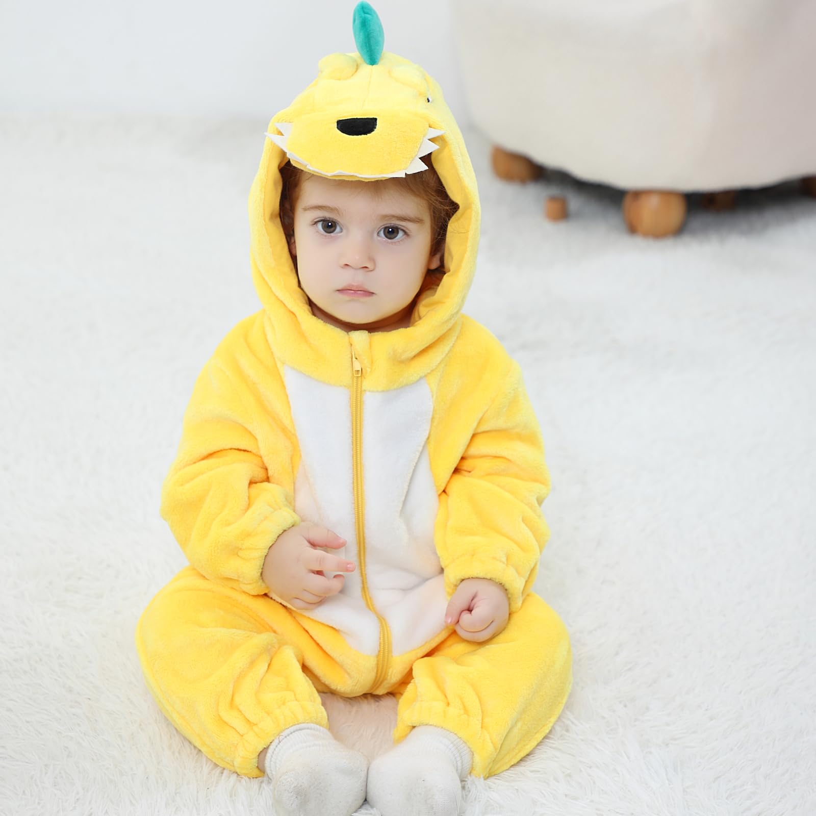 LOLANTA Costume da Dinosauro per Bambino Unisex, Costume da Animale con Cappuccio per Bambino, Tuta Sindacale in Flanella, Giallo, 2-3 anni
