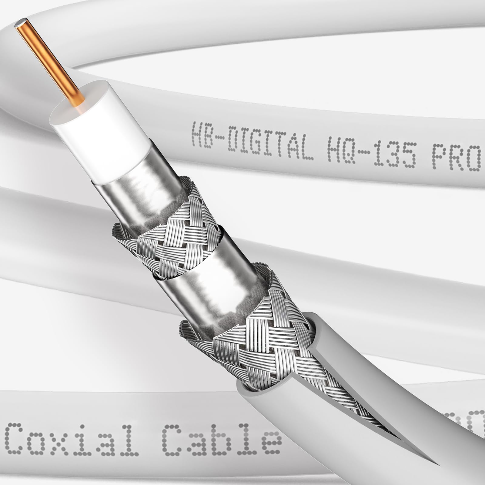 HB-Digital - Cavo satellitare coassiale HQ-135 PRO, 130 dB, schermatura quadrupla per impianti DVB-S/S2, incluso set di 4 connettori F dorati 15m bianco
