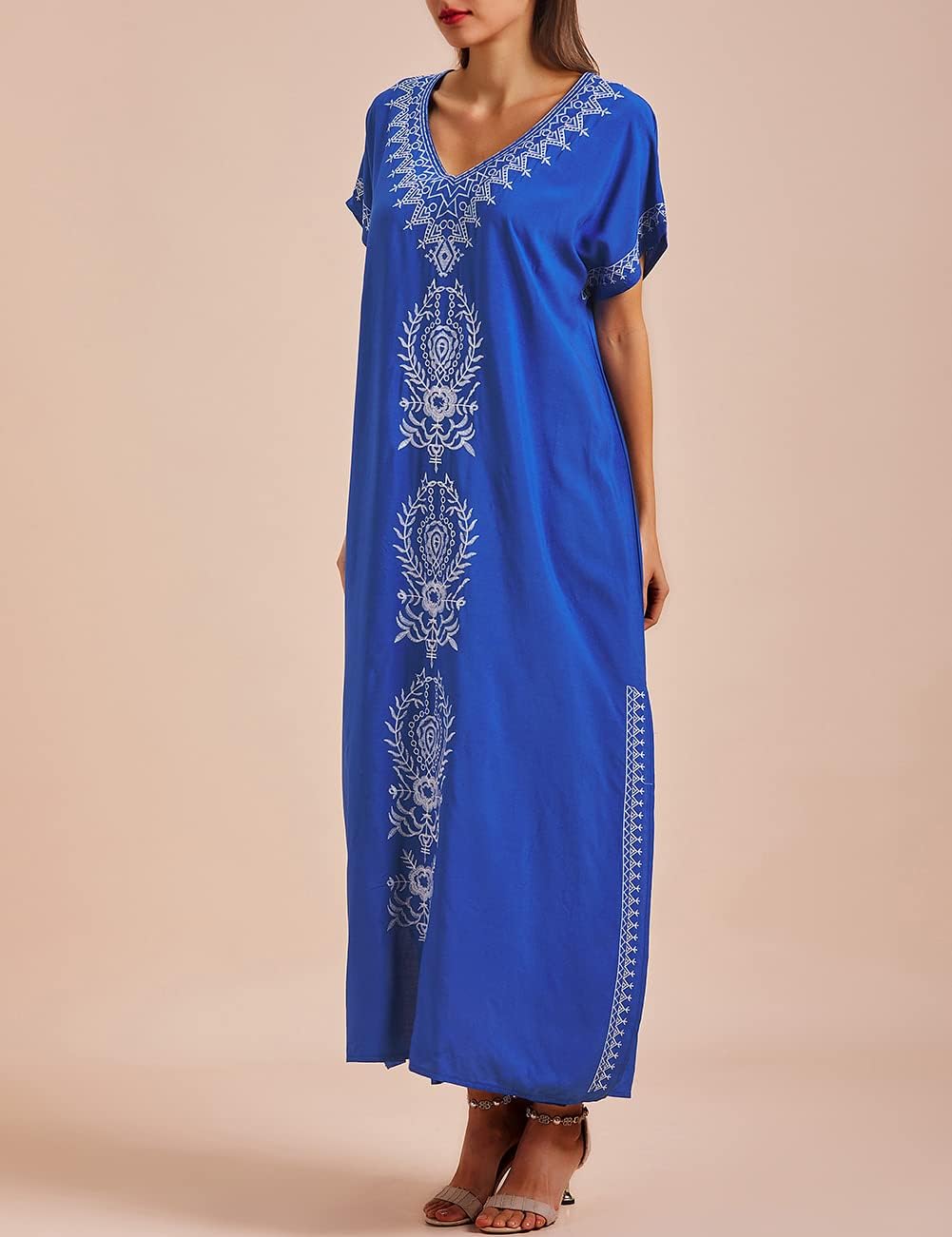 Busbseach Caftan Dresses for Women Embroidery Short Sleeve Beach Cover Up V Neck Maxi Kaftan Dress - Image 6
