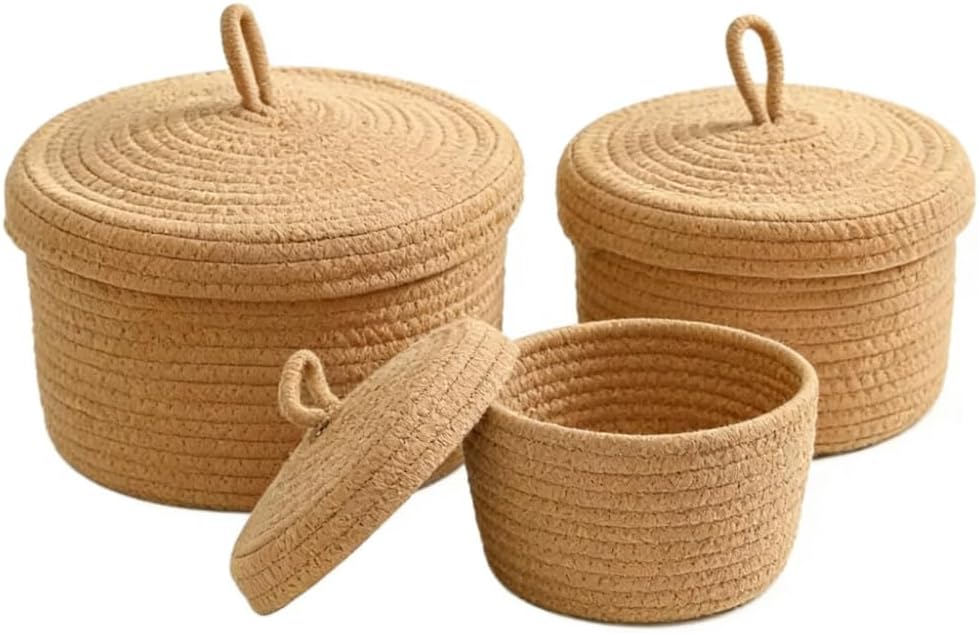 Set of 3 Woven Storage Baskets with Lids, Cotton Rope Nesting Baskets for Camping & Home, Small Medium Large Sizes, Rustic Farmhouse Style Organizer Bins for Sundries, Snacks, Table, Entryway, Shelf