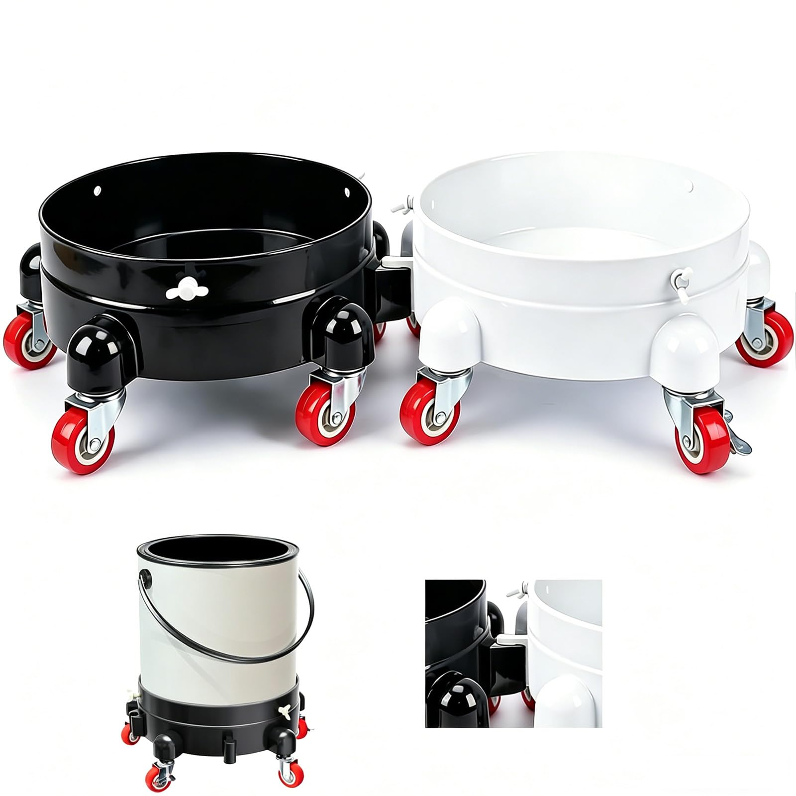 2 Pcs 11 Inch Bucket Dolly, Removable Rolling Bucket Dolly, Bucket Dolly 5 Gallon Car, with 5 Heavy Duty Wheel Casters, 360°Rolling, Connectable, for Car Wash & Auto Detailing, Bearing 300lb, Black