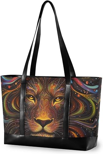 KLL Bolso de mano para portátil de moda de León creativo bohemio de 14 pulgadas con cremallera para el trabajo, bolso grande para la escuela con