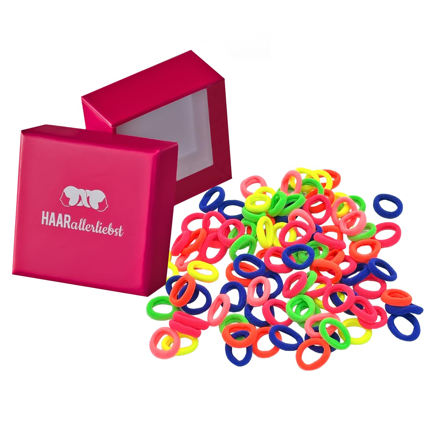 HAARallerliebst® Pack of 100 Colourful 20 mm Small Hair Bobbles for Girls, Mini Baby Scrunchies with Storage Box