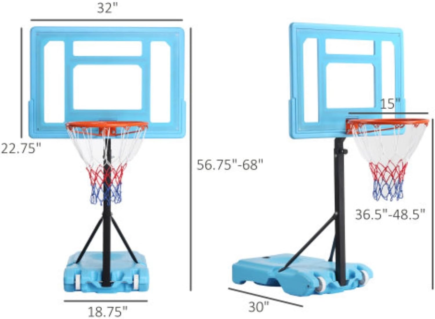 Poolside Basketball Stand, Outdoor Shooting Stand, 36.5" - 48.5" Height Adjustable Portable Basketball Stand System with Transparent Backboard and Padded Base, Suitable for The Whole Family, Blue