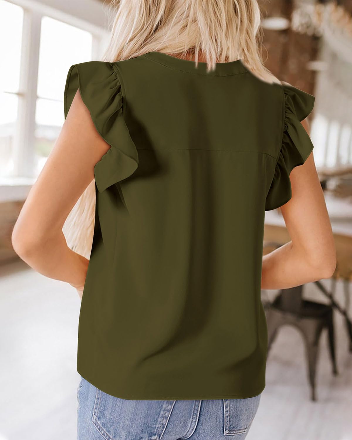 Zenlonr Womens Summer Tops 2025 Casual V Neck Ruffle Cap Sleeve Blouse Shirts Solid Color Tunic Tops
