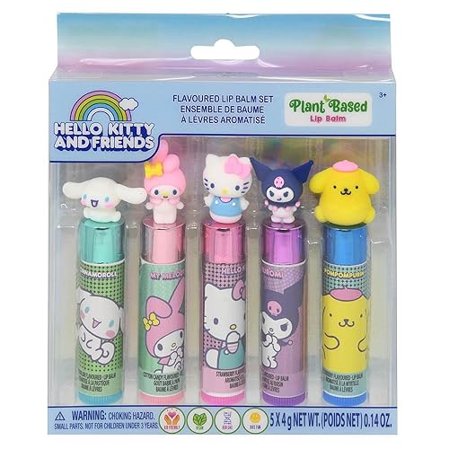 Townley Girl Hello Kitty & Friends - Juego de 5 piezas de bálsamo labial hidratante a base de plantas, para niñas y niños pequeños, perfecto para