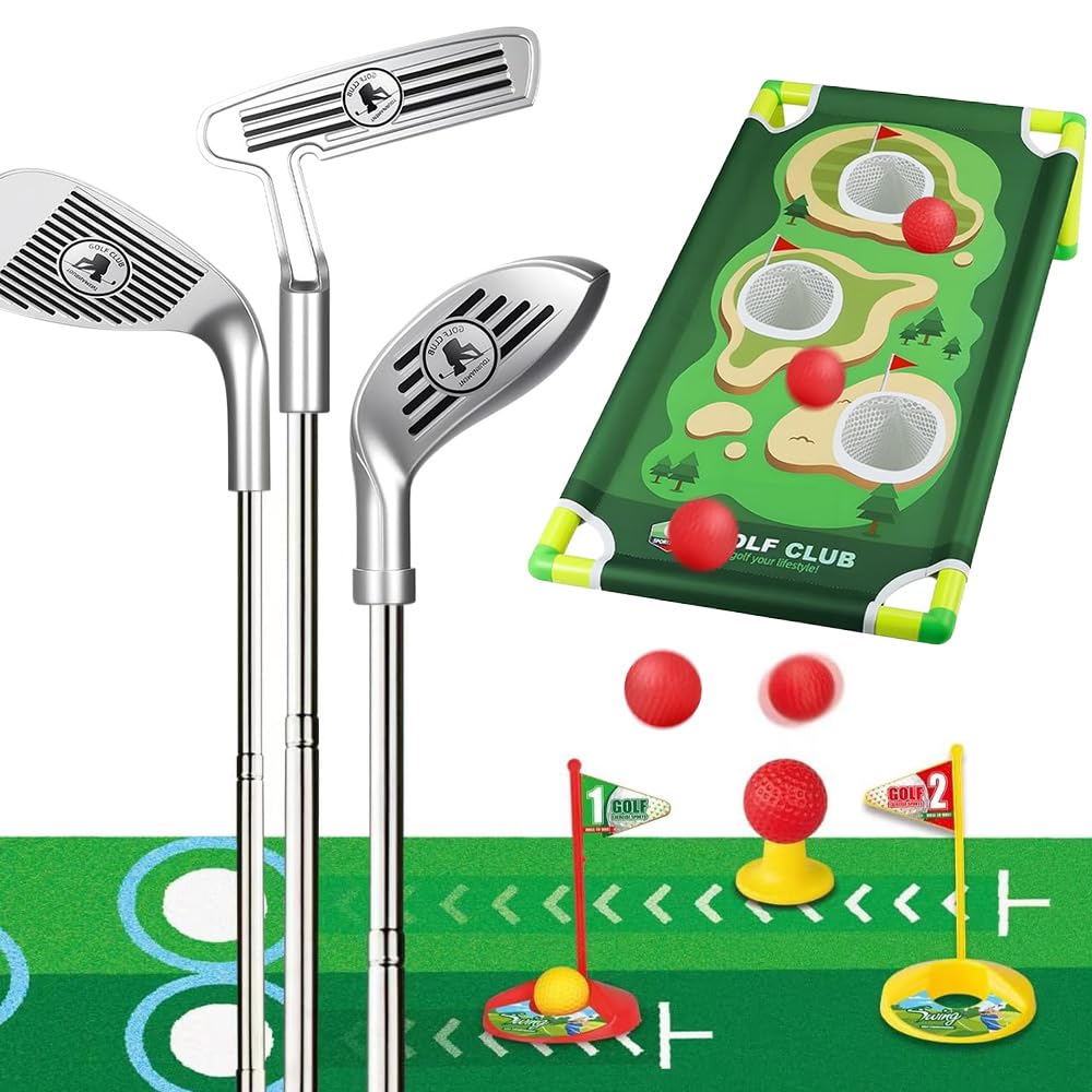 BIZOI Kids Toy Golf Club Set, Toddler Golf Set with 9 Balls, 1 Putting Mat, Cornhole Board, 3 clubs, 3 Tees, 3 Holes & 1 Bag, Indoor Outdoor Yard Golfs Game Sports Toys Gift for Boys, Girls Aged 3+