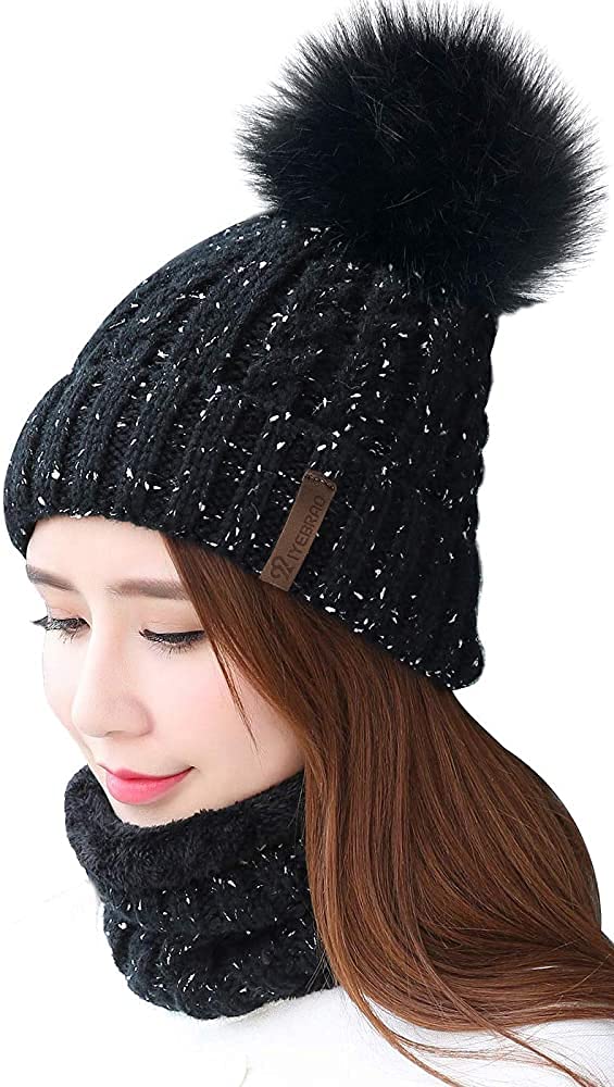 Womens Winter Knit Beanie Hat Scarf Set for Girl Slouchy Thick Fleece Lined Ski Hat Warm Skull Cap with Pom (Set of 1) Color:Black-image-21