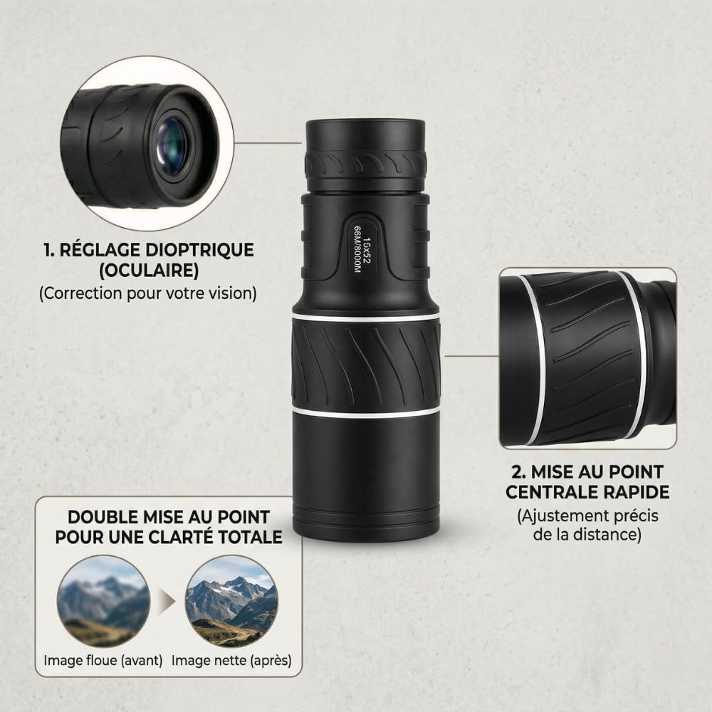 Monoculaire Puissant 8x40 Compact HD avec Double Mise au Point, Mini Trépied et Adaptateur Smartphone, Télescope Monoculaire pour Observation Oiseaux, Randonnée, Voyage et Nature