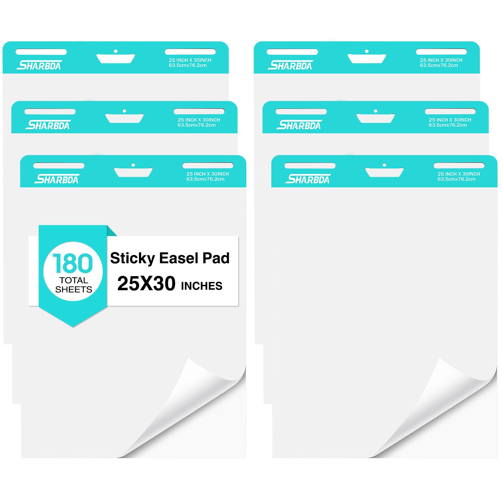 SHARBDA Sticky Easel Pad, 25 * 30 inch,Self-Stick Flip Chart Paper, Super Adhesive & Bleed-Resistant,Micro-Perforated Tear,Classroom Teacher Office Presentation Pads,6 Pads/Pack,180 Sheets