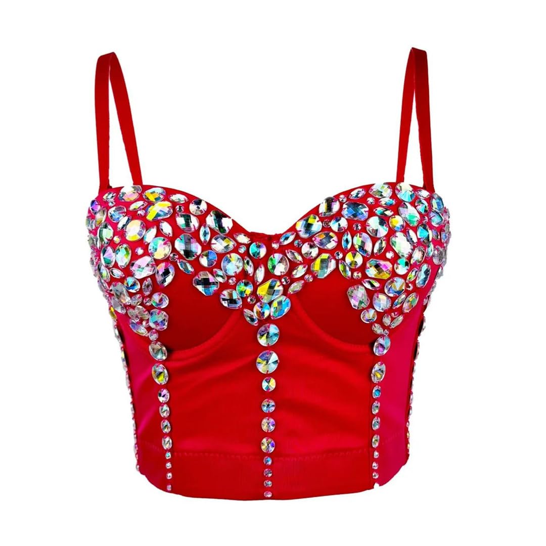 Yeuyyben Corsetto da donna con strass crop top senza maniche fatto a mano perline slim fit performance costume canotta
