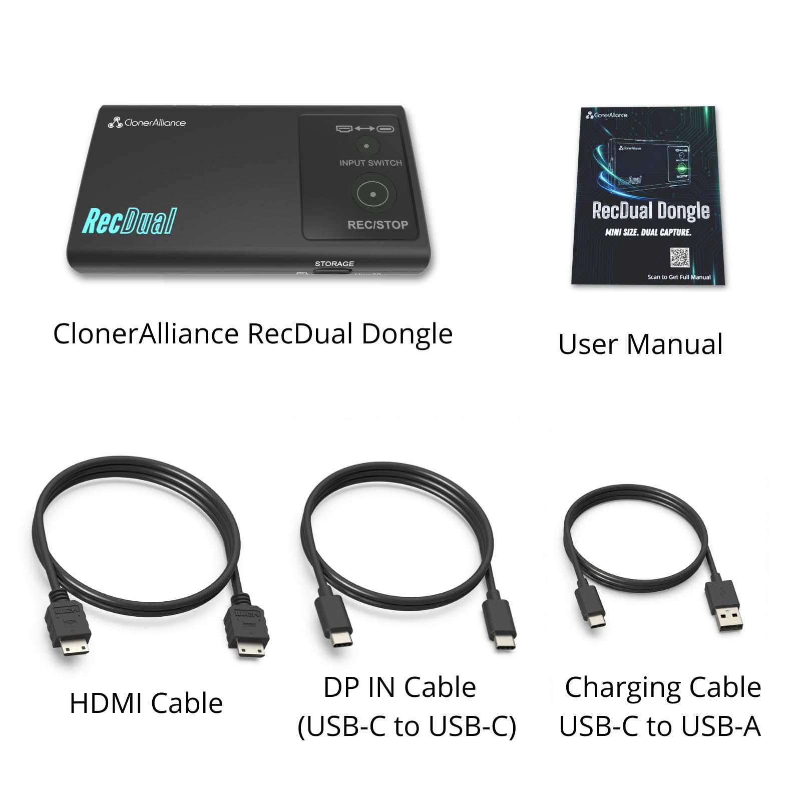ClonerAlliance RecDual Dongle, mini enregistreur vidéo autonome à double entrée 1080p @ 60 fps avec passthrough 4K @ 60 fps, HDMI et USB Type-C DP Capture. Programmation et enregistrement en boucle.