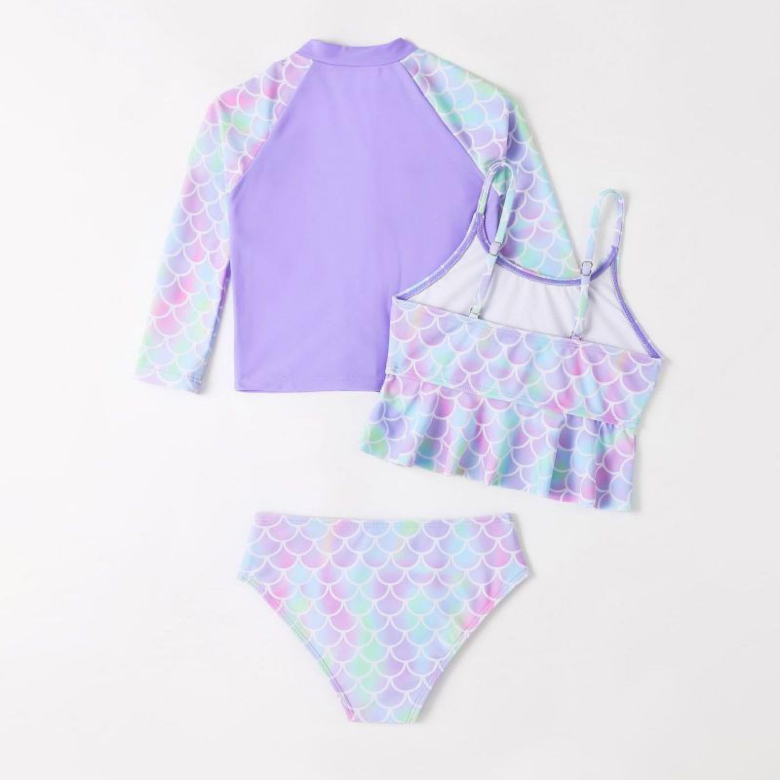 Valcatch Girls Rash Guard Set 3 Piece Swimsuit Kids Long Sleeves Zipper Bathing Suit Tankini Set Sun Proction Swimwear Bikini