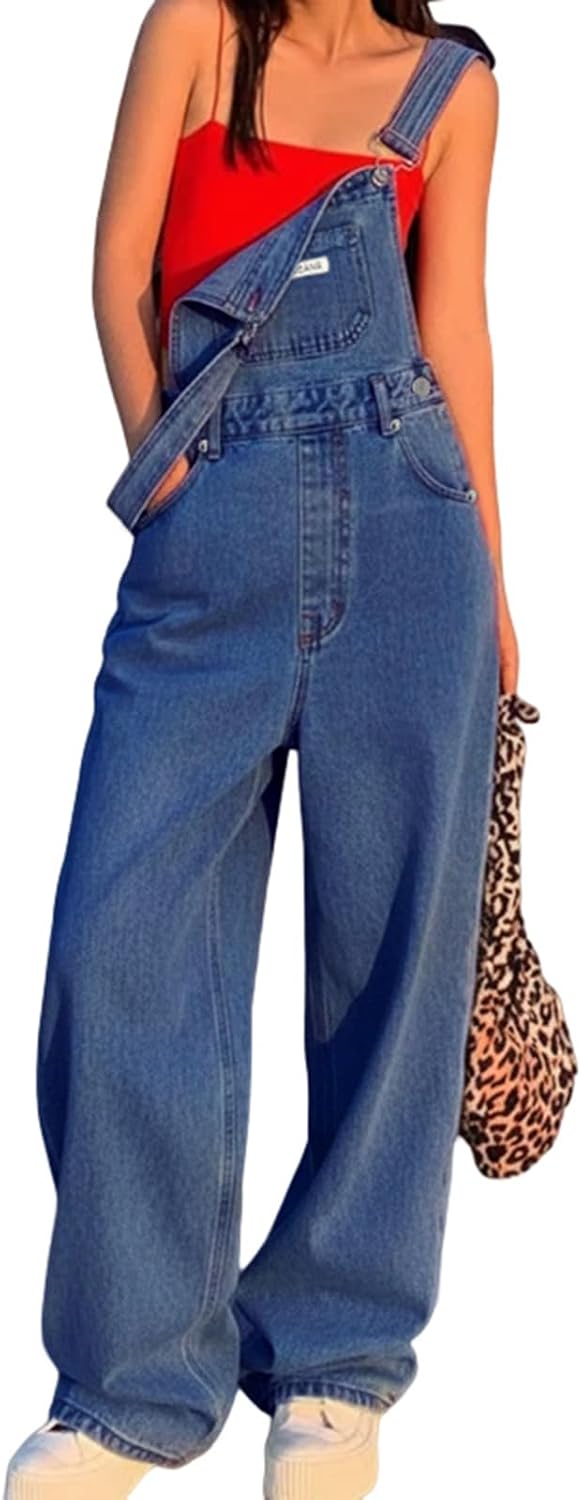 EMMIOL Women's Denim Overalls, Baggy Loose Fit Wide Leg Jumpsuit, 90s Vintage Style Overall with Adjustable Straps