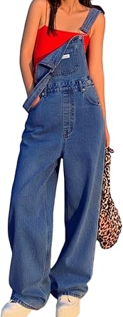 EMMIOL Womens Denim Overalls, Baggy Loose Fit Wide Leg Jumpsuit, 90s Vintage Style Overall with Adjustable Straps