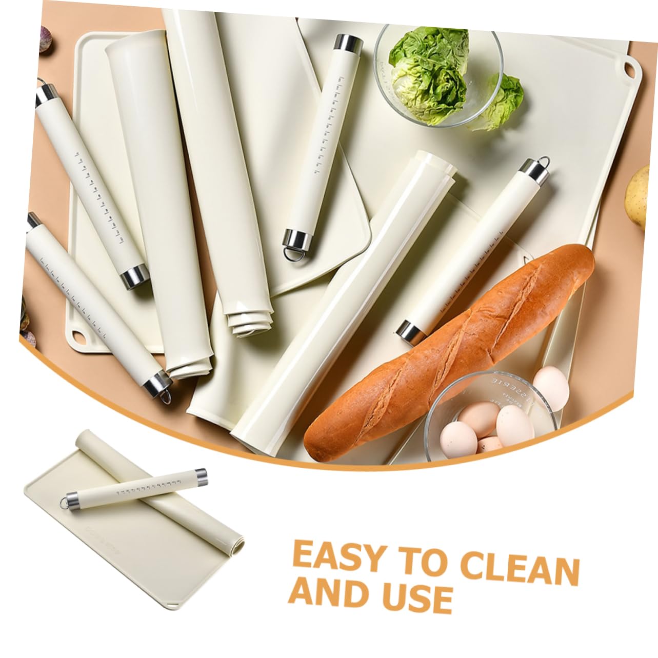MAGICLULU Rutschfeste Silikon Backmatte mit Edelstahl Teigroller Beige Leicht zu Reinigen für Brot und Kuchen