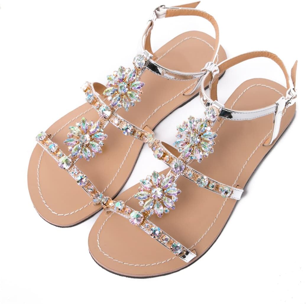 Summer Women`S Peep Toe Sandals Diamond Flat Shoes Casual Beach Rhinestone Shining Slippers