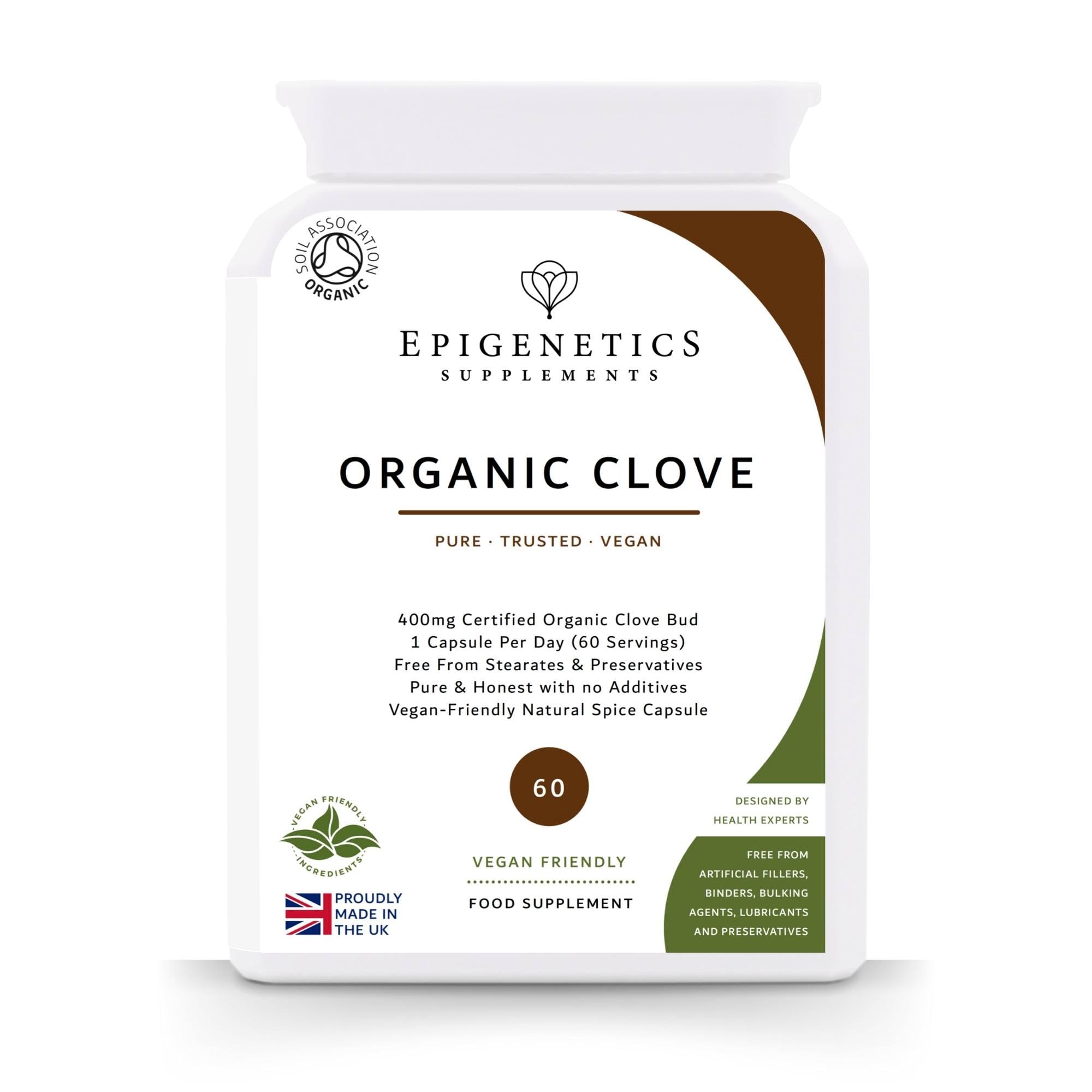 Organic Clove 400mg | Natural Syzygium Aromanticus Herb Supplement | 60 Capsules | Vegan Friendly & Herbal UK Made | 60 Servings, 2 Month Supply by Epigenetics