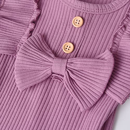 Newborn Baby Girl Clothes Set Infant Ruffled Sleeve Solid Color Bow Romper Pants Headband 3Pcs Outfits2