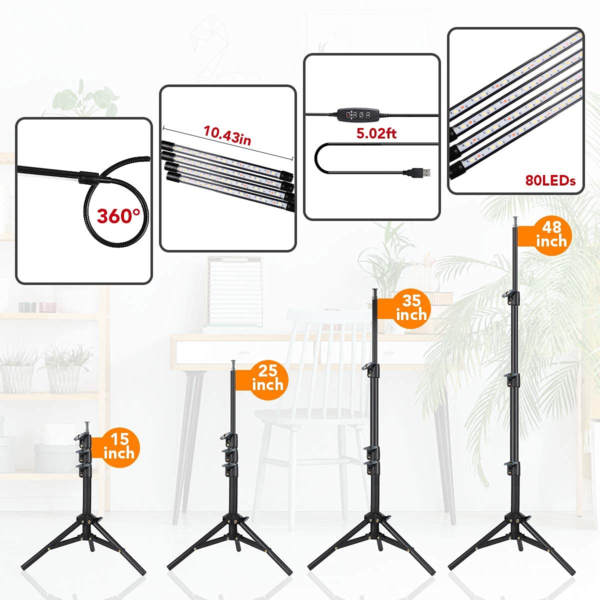 GHodec Luz De Cultivo Con Soporte, 5500 K Espectro Completo Cuello Cisne Para Plantas Interior, 5 Niveles Regulables Y Temporizador Encendido/apagado Automático, Lámpara Trípode